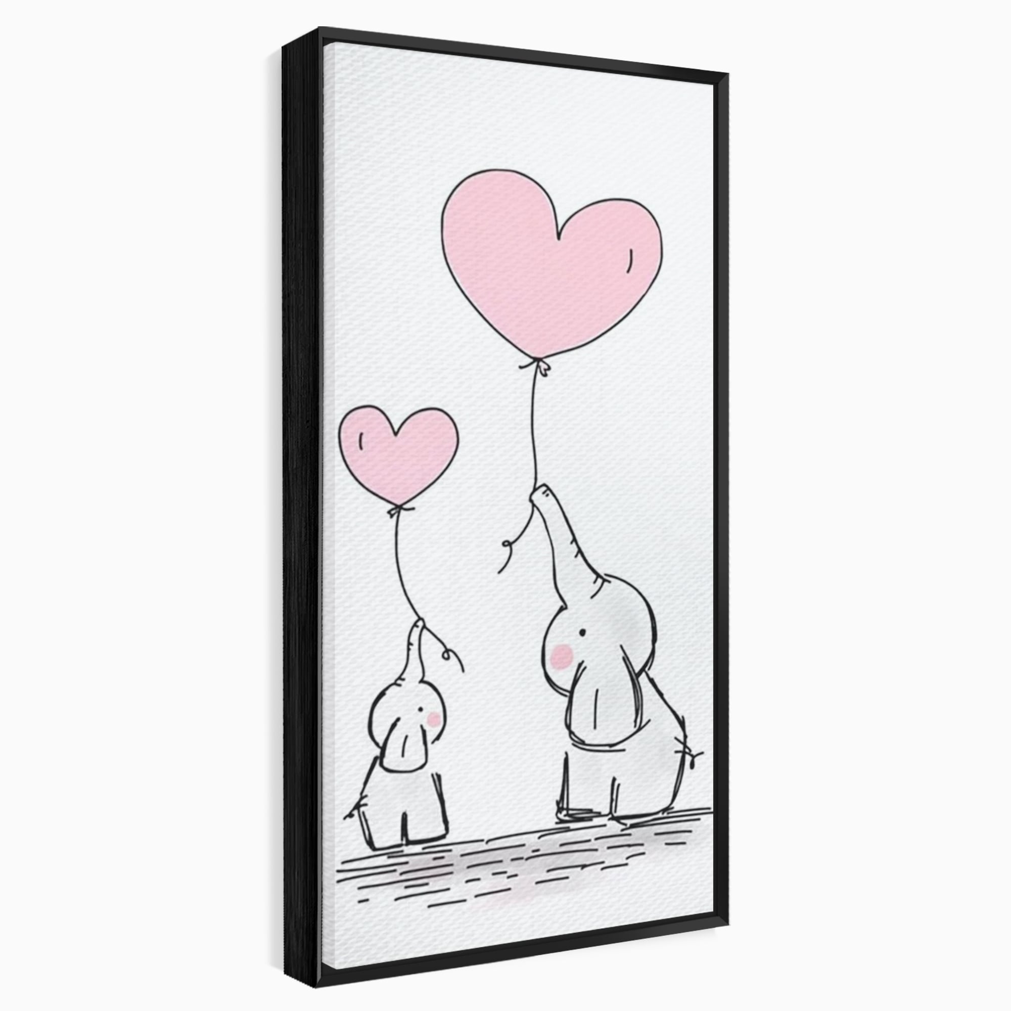 Tablou canvas cu ilustratie cu elefanti si baloane, in rama de aluminiu negru